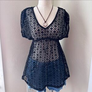 Miken Black Crochet Lace Tunic Beach Coverup